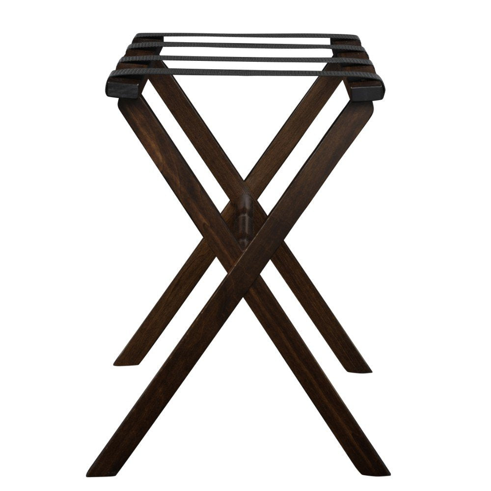 Hotel Dark Walnut Finish Wood Folding Luggage Rack With Black Straps on a white background