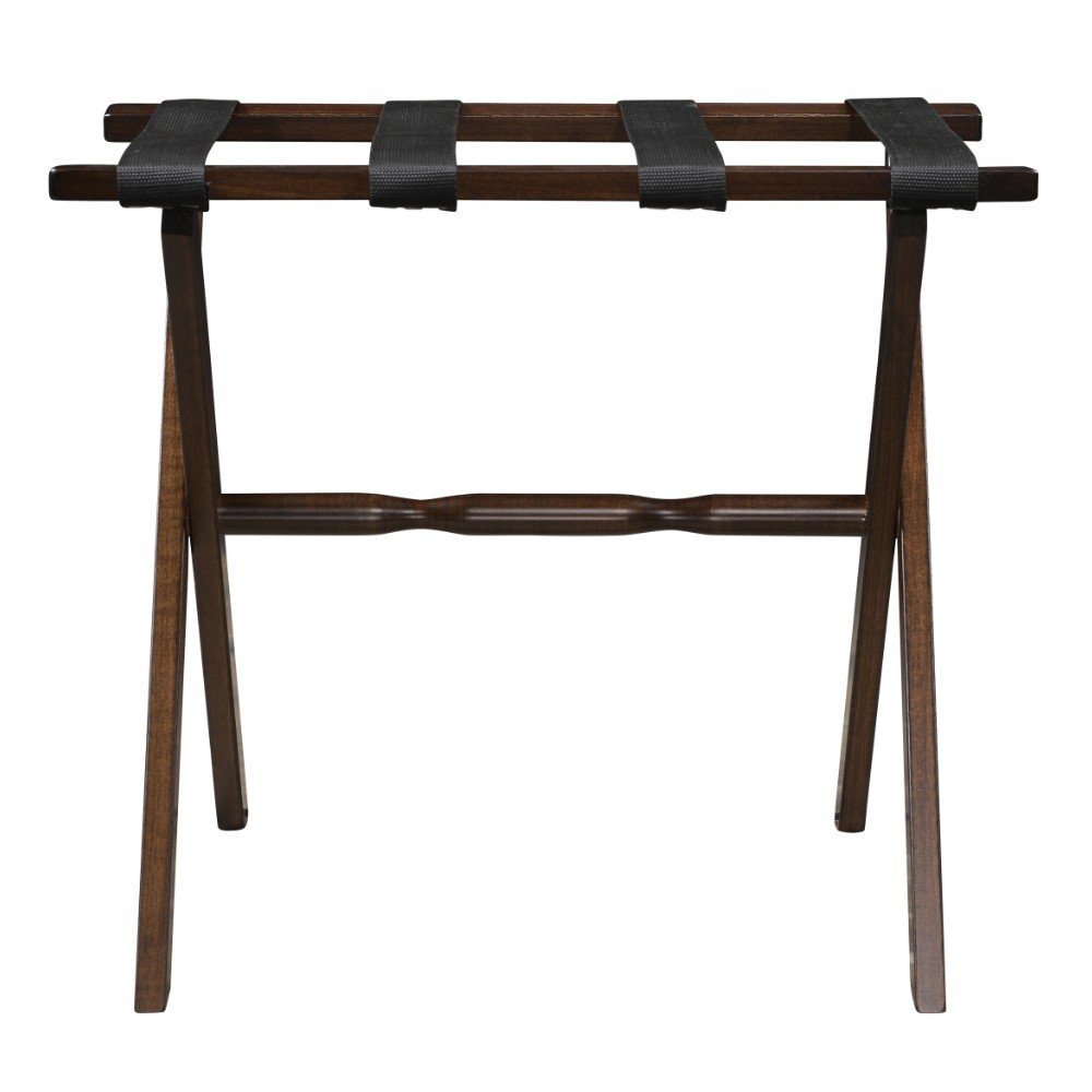 Hotel Dark Walnut Finish Wood Folding Luggage Rack With Black Straps on a white background