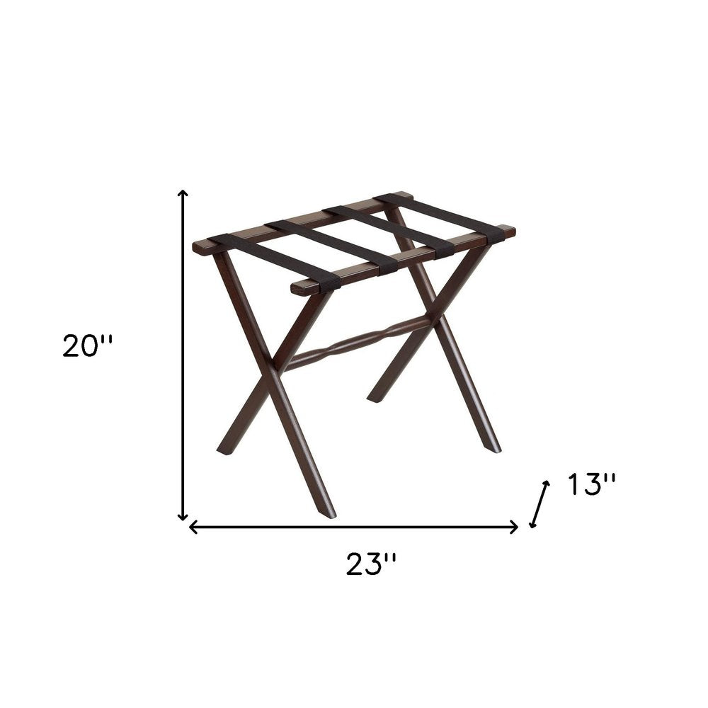 Hotel Dark Walnut Finish Wood Folding Luggage Rack With Black Straps on a white background