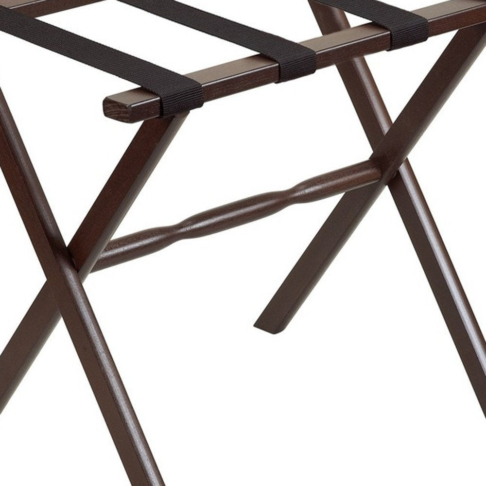 Hotel Dark Walnut Finish Wood Folding Luggage Rack With Black Straps on a white background