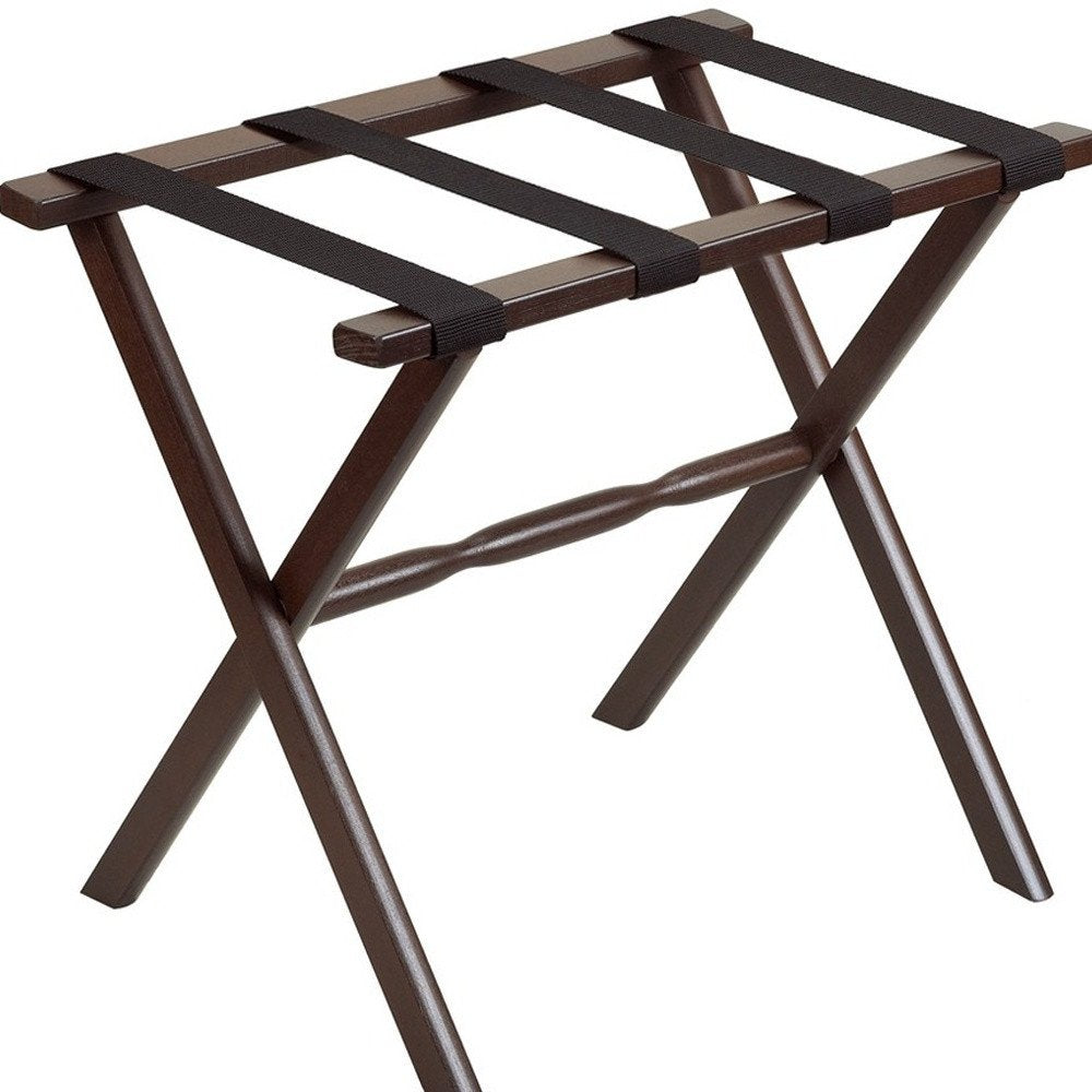 Hotel Dark Walnut Finish Wood Folding Luggage Rack With Black Straps on a white background