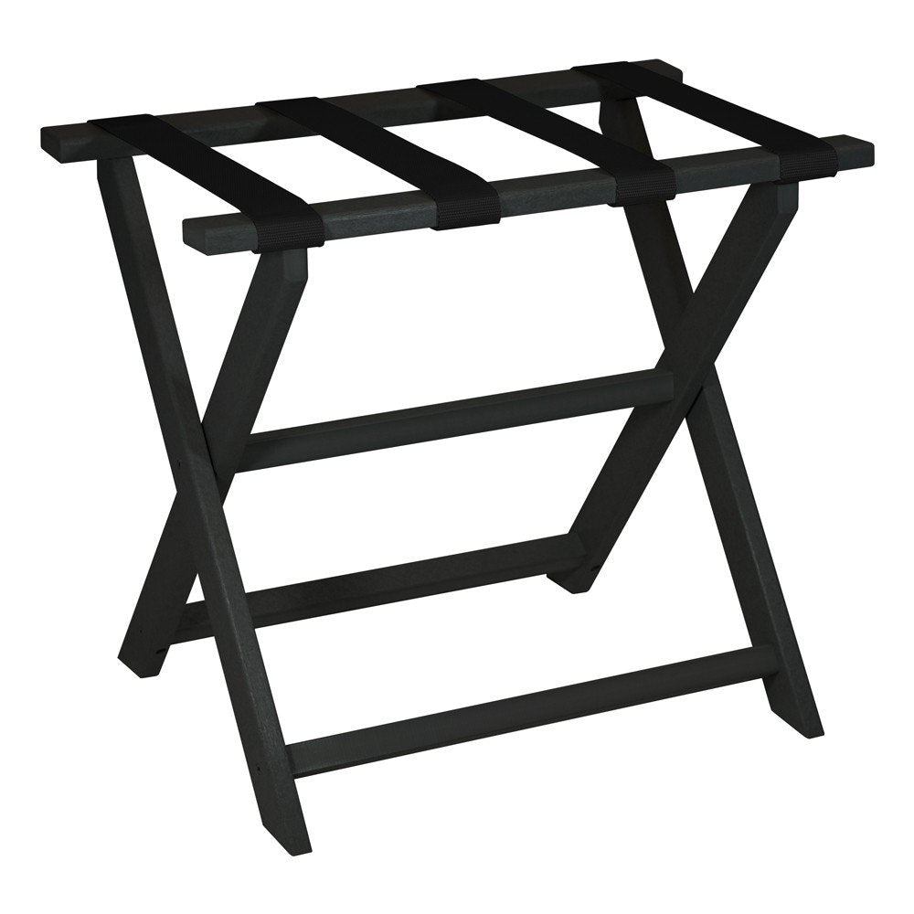 Black folding luggage rack made of wood with black straps, shown on a white background.