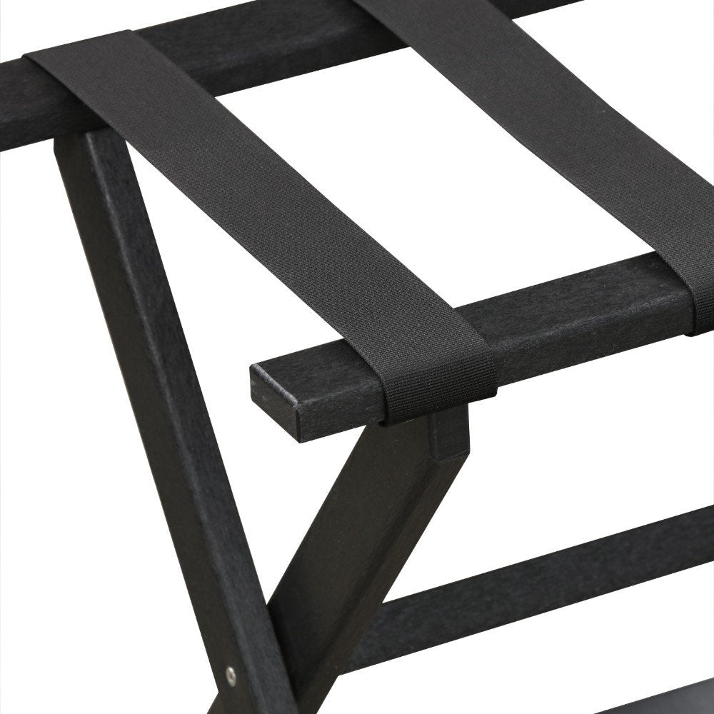 Earth Friendly Black Folding Luggage Rack With Black Straps on a white background