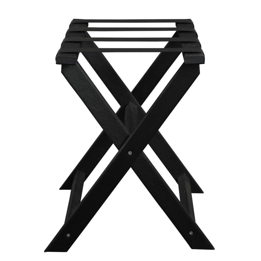 Earth Friendly Black Folding Luggage Rack With Black Straps on a white background