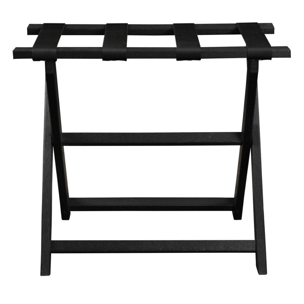 Earth Friendly Black Folding Luggage Rack With Black Straps on a white background