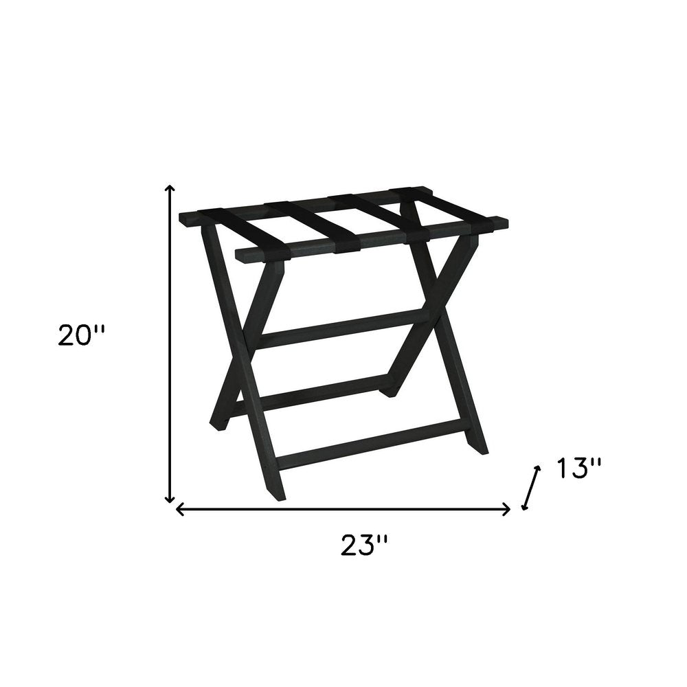 Earth Friendly Black Folding Luggage Rack With Black Straps on a white background