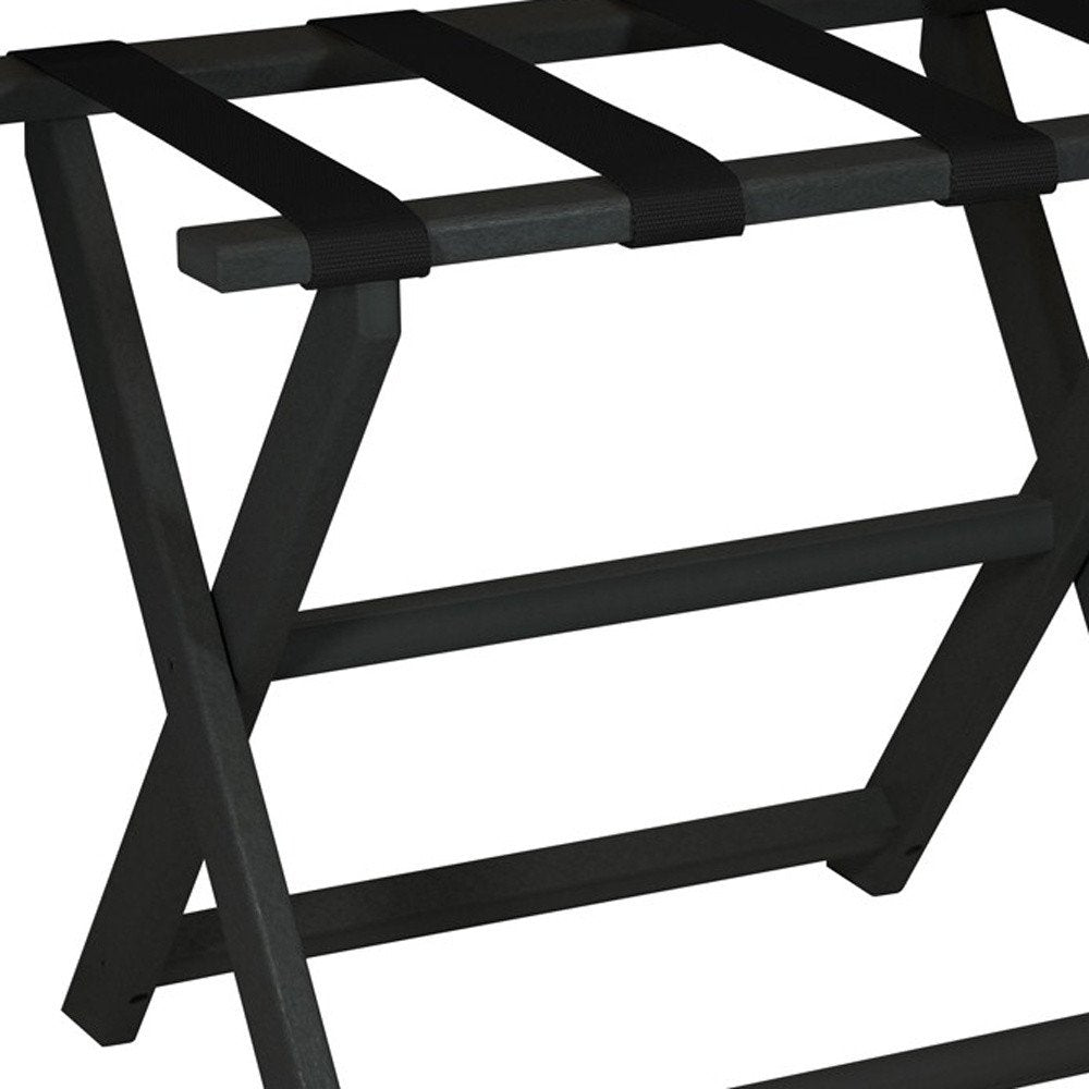Earth Friendly Black Folding Luggage Rack With Black Straps on a white background