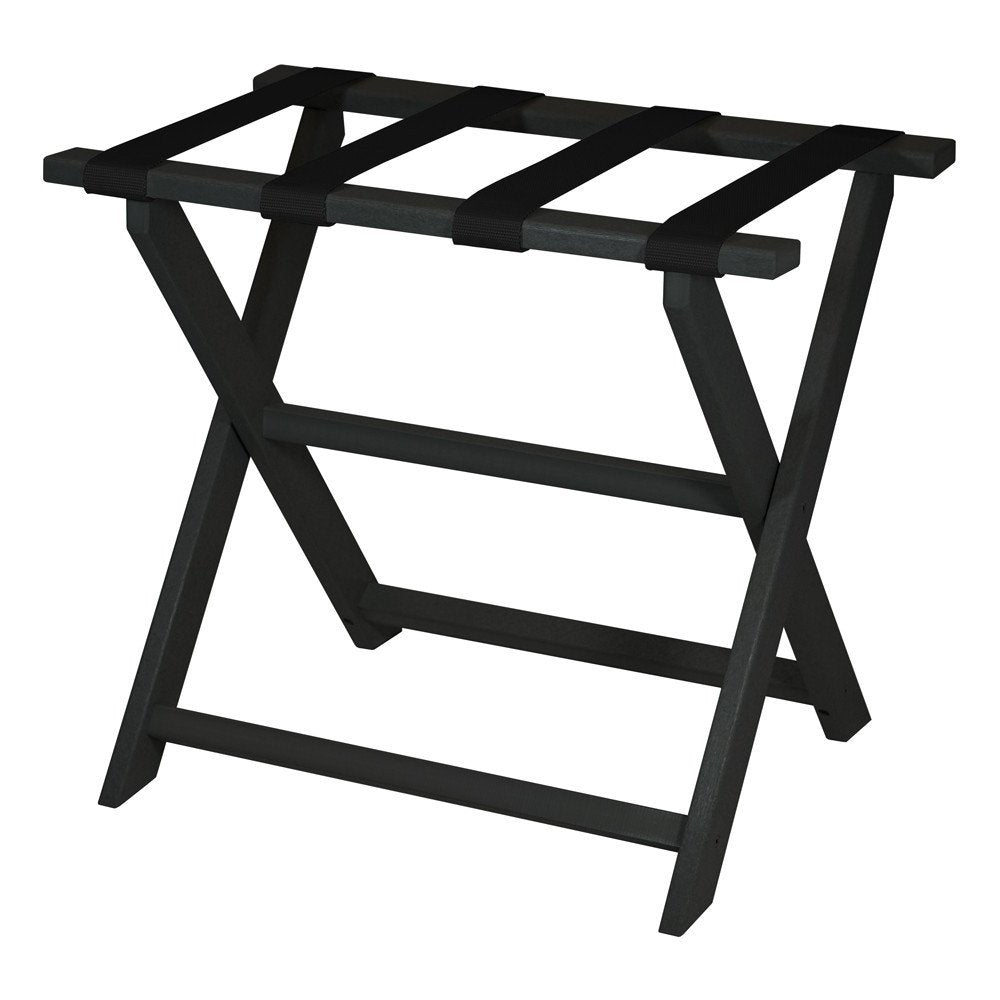 Earth Friendly Black Folding Luggage Rack With Black Straps on a white background