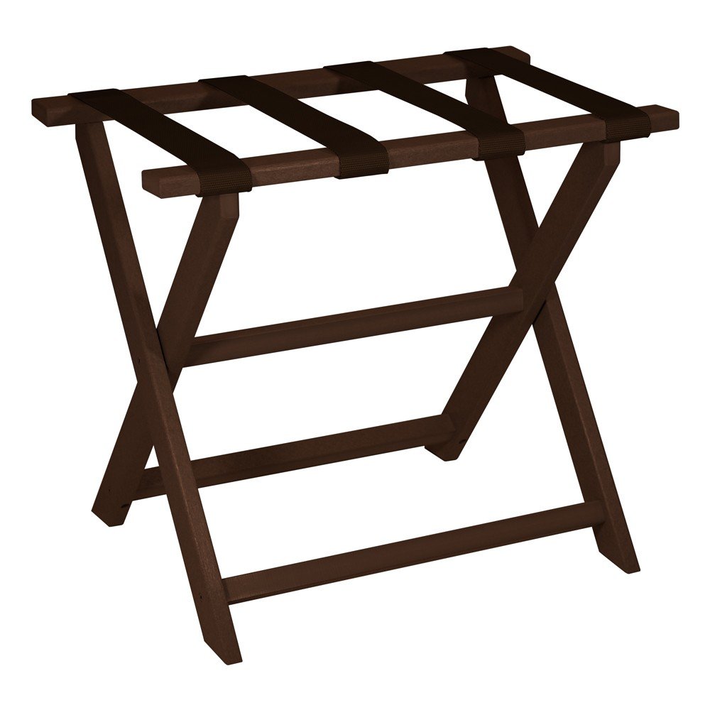 Brown wooden folding luggage rack with brown fabric straps on a white background.