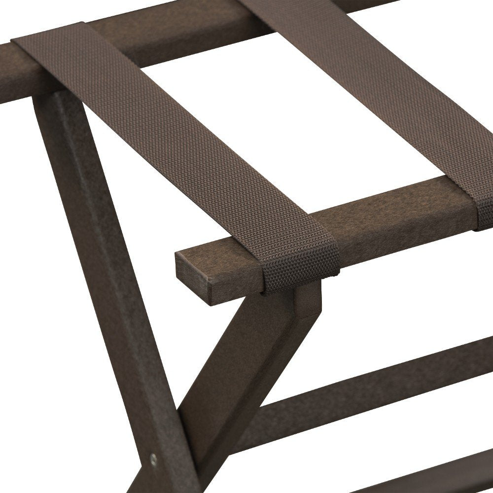 Earth Friendly Brown Folding Luggage Rack With Brown Straps on a white background