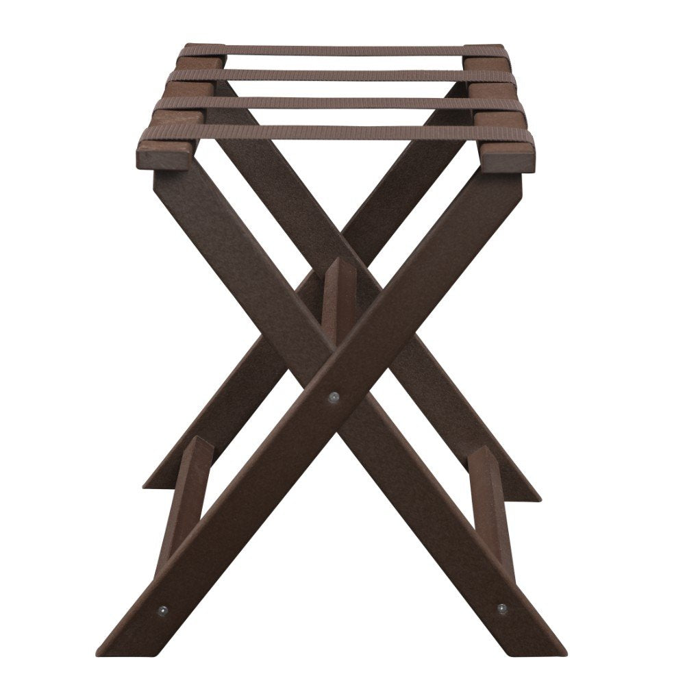 Earth Friendly Brown Folding Luggage Rack With Brown Straps on a white background