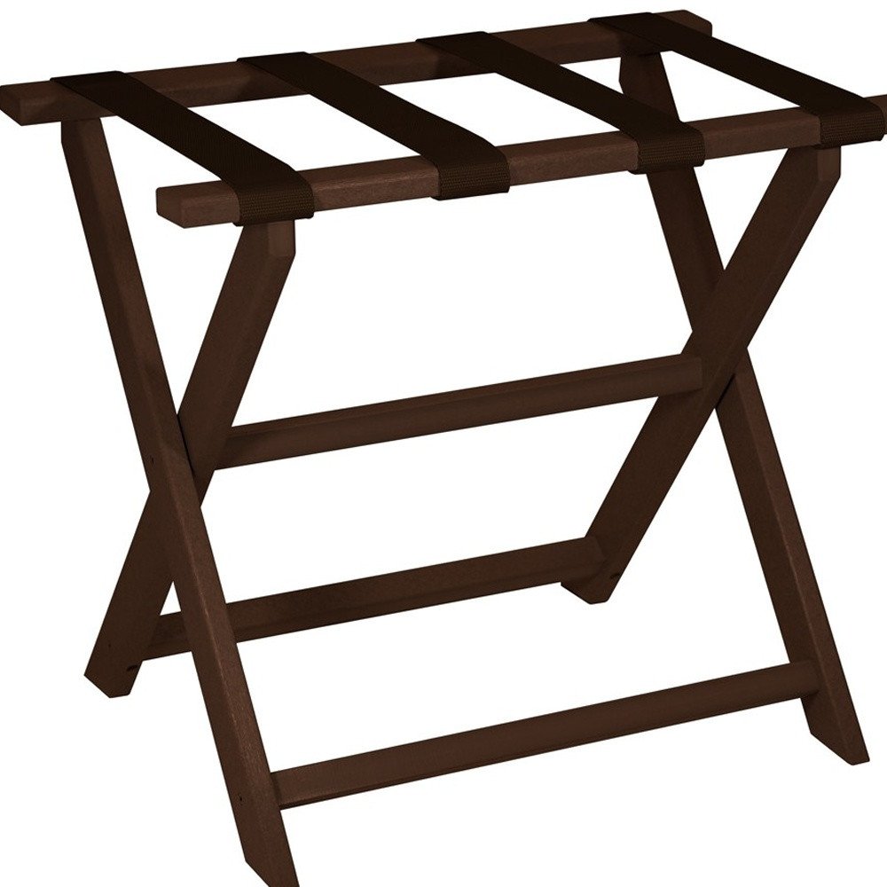 Earth Friendly Brown Folding Luggage Rack With Brown Straps on a white background