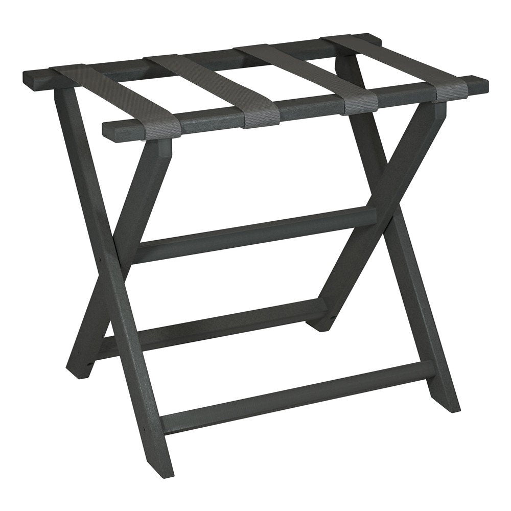 Dark gray folding luggage rack with gray straps on a white background.