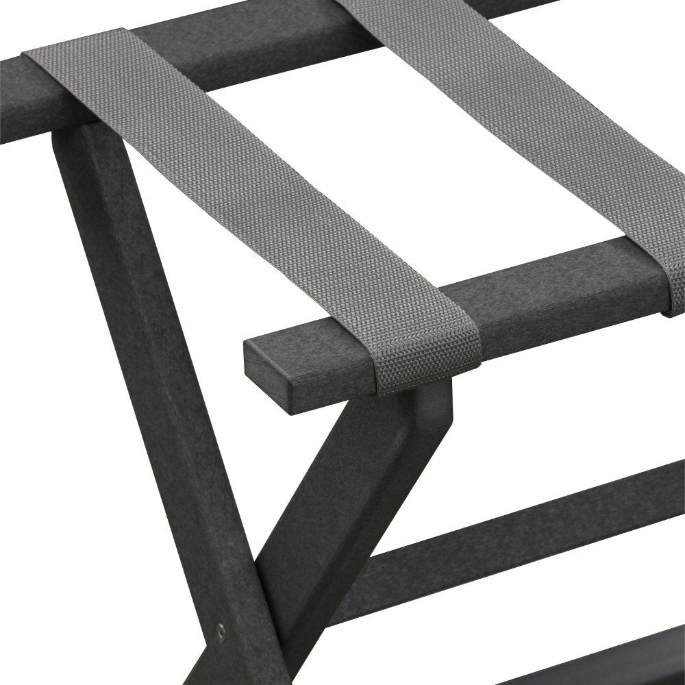 Earth Friendly Dark Gray Folding Luggage Rack With Gray Straps on a white background