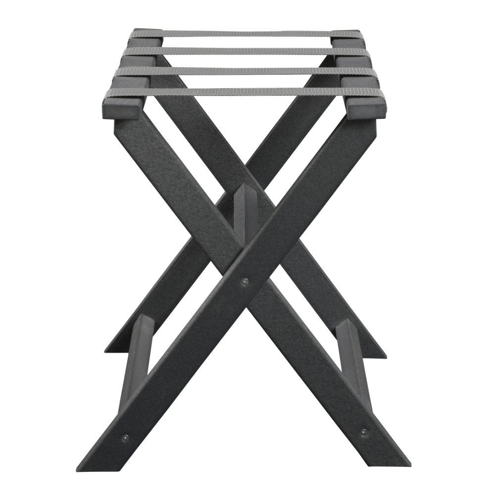 Earth Friendly Dark Gray Folding Luggage Rack With Gray Straps on a white background
