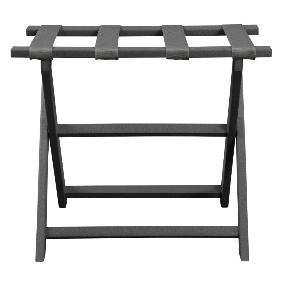 Earth Friendly Dark Gray Folding Luggage Rack With Gray Straps on a white background