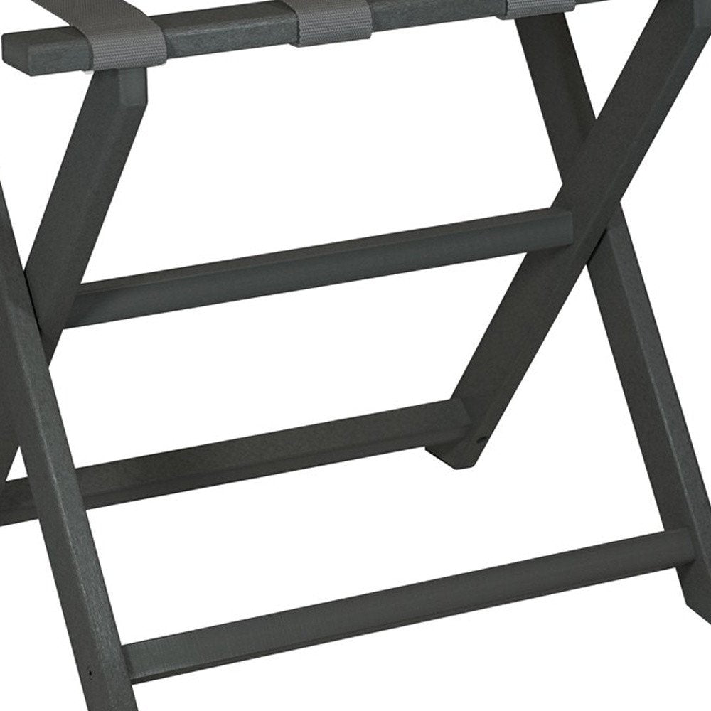 Earth Friendly Dark Gray Folding Luggage Rack With Gray Straps on a white background