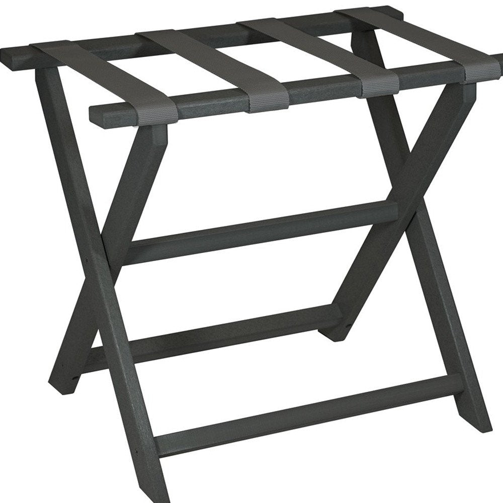 Earth Friendly Dark Gray Folding Luggage Rack With Gray Straps on a white background