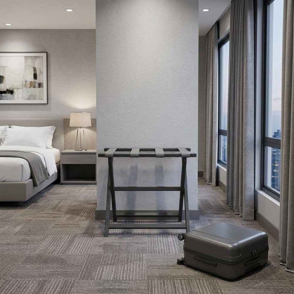Earth Friendly Dark Gray Folding Luggage Rack With Gray Straps in a home interior
