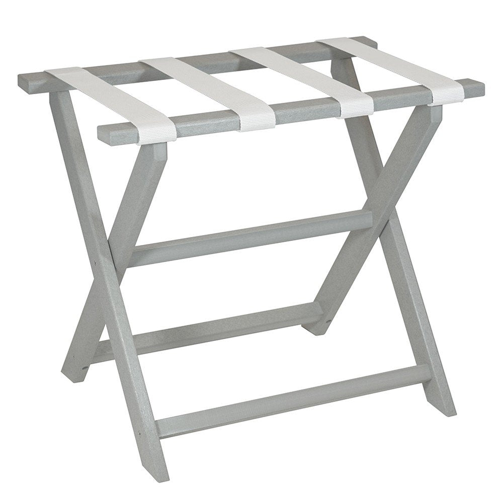 Gray folding luggage rack with white straps on a white background.