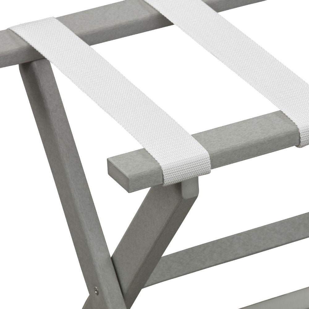 Earth Friendly Light Gray Folding Luggage Rack With White Straps on a white background