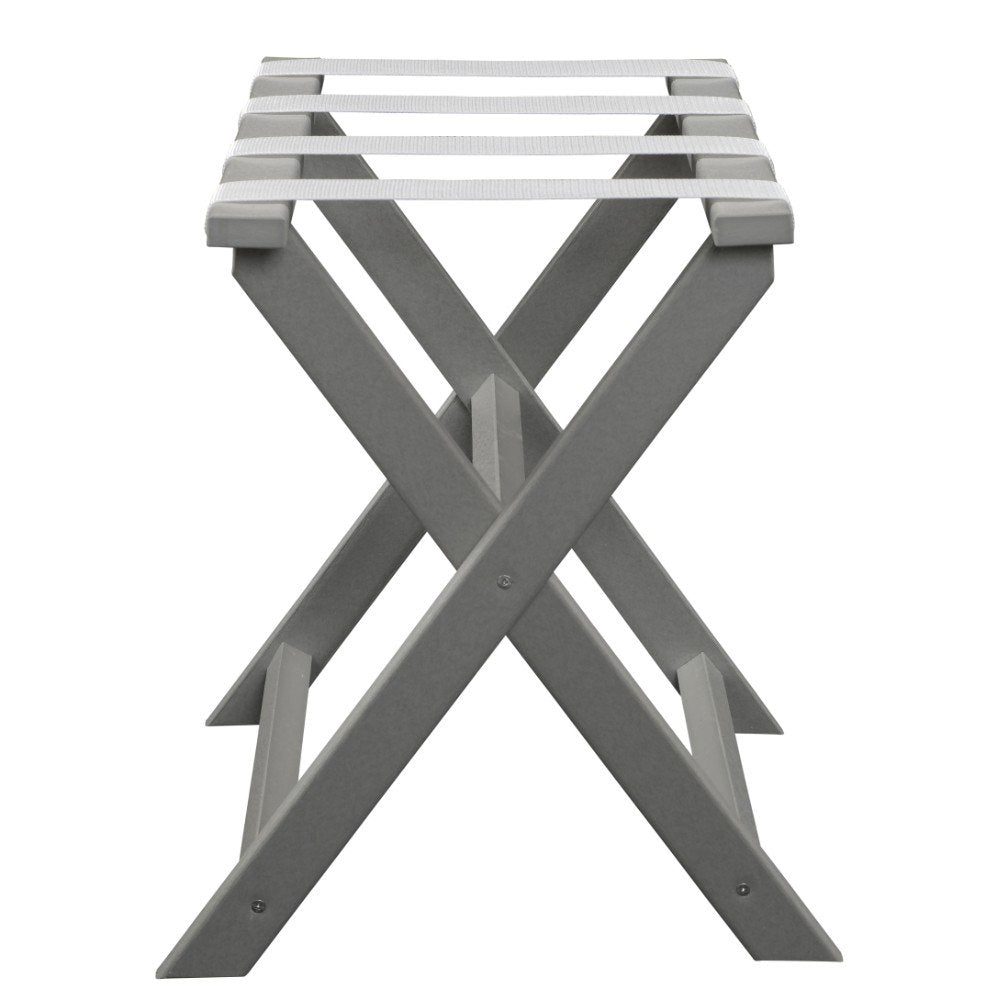 Earth Friendly Light Gray Folding Luggage Rack With White Straps on a white background