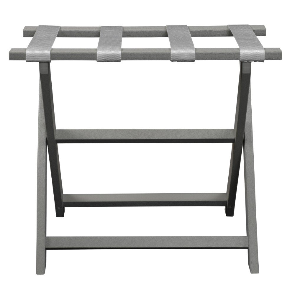 Earth Friendly Light Gray Folding Luggage Rack With White Straps on a white background