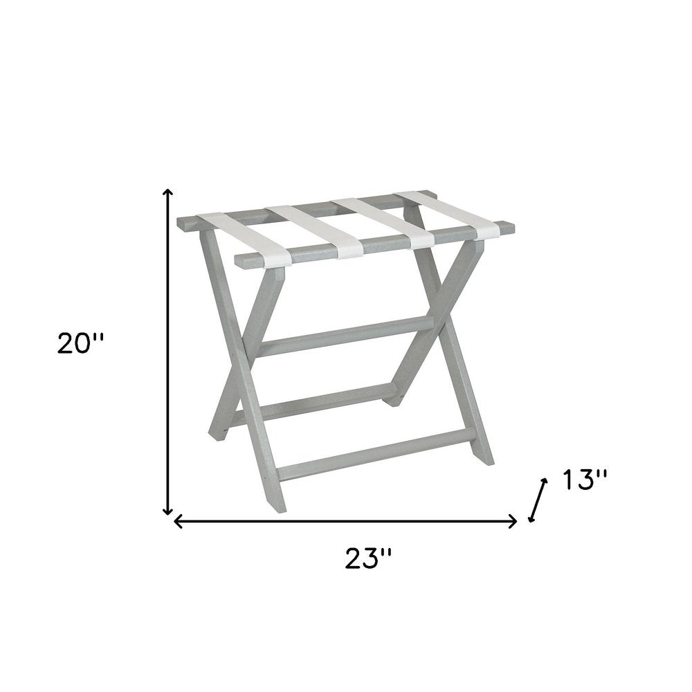 Earth Friendly Light Gray Folding Luggage Rack With White Straps on a white background
