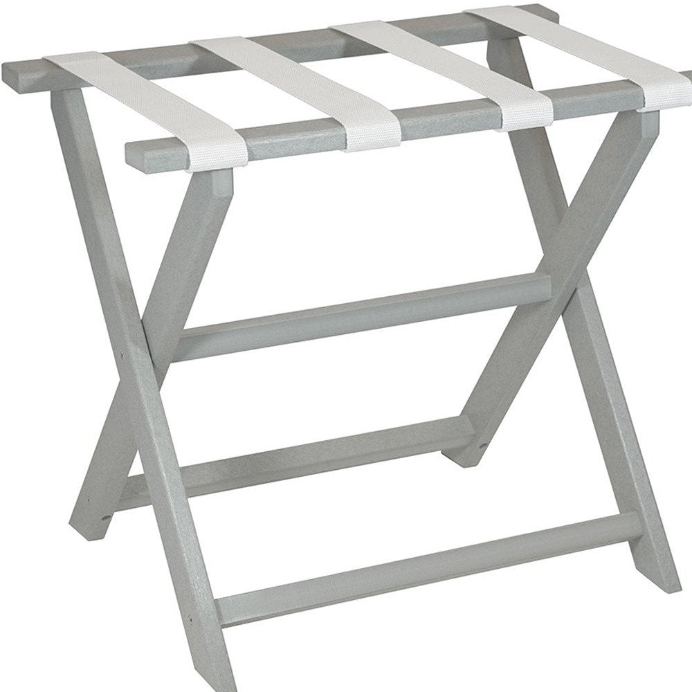Earth Friendly Light Gray Folding Luggage Rack With White Straps on a white background