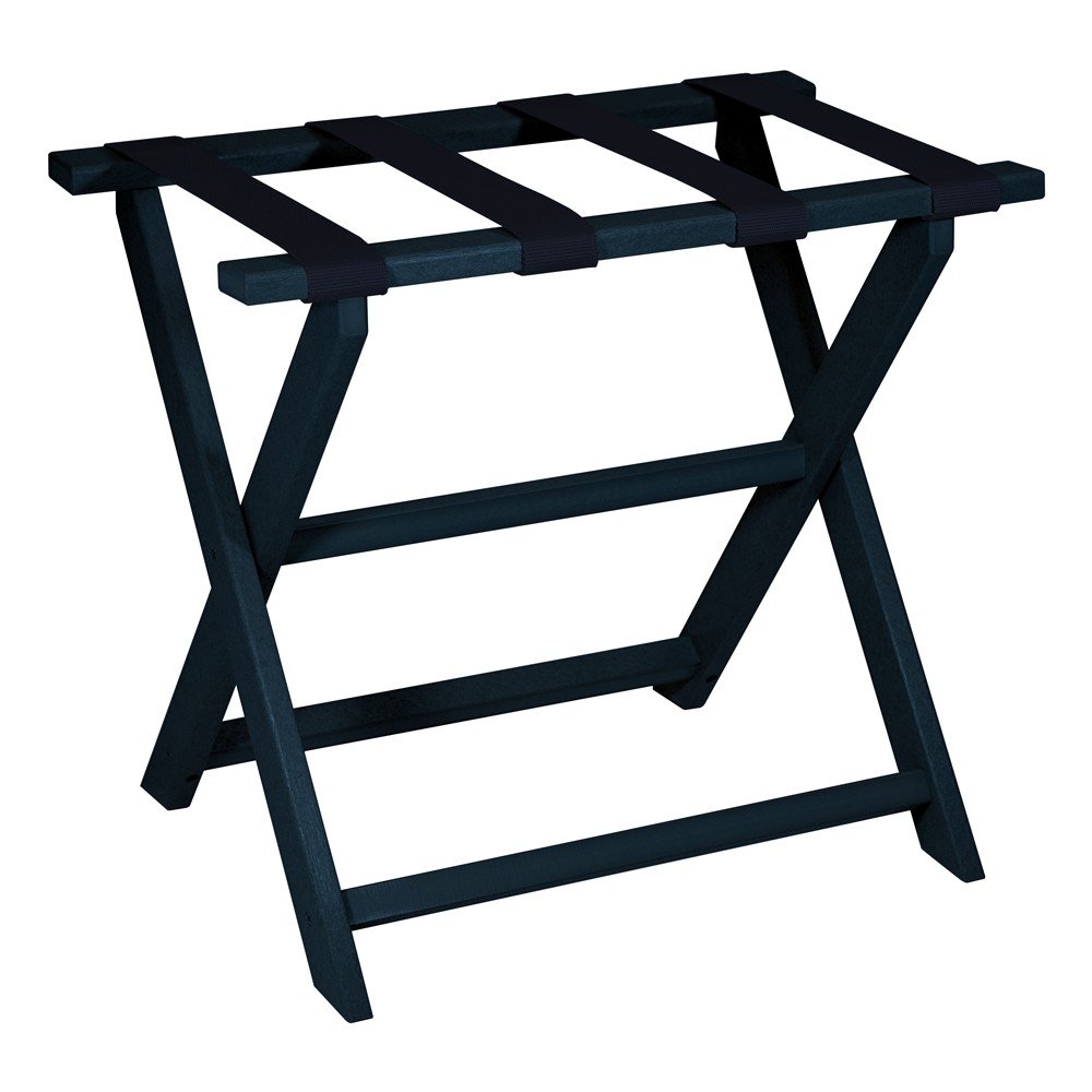 Navy blue folding luggage rack with navy straps on a white background.