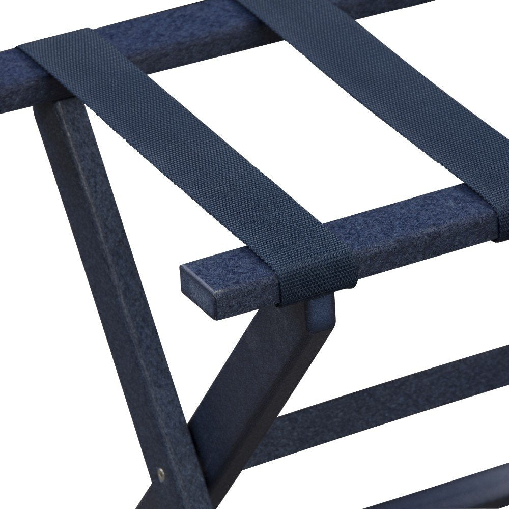 Earth Friendly Navy Blue Folding Luggage Rack With Navy Straps on a white background