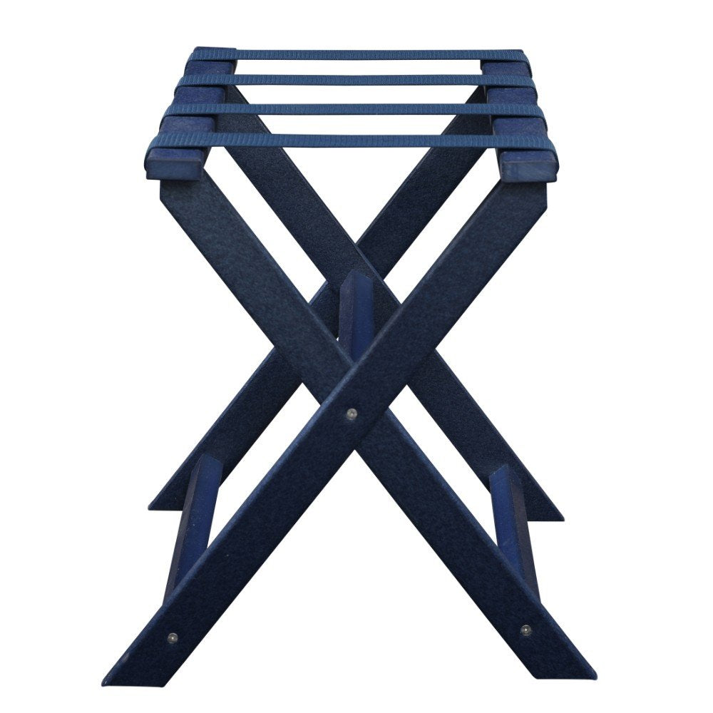 Earth Friendly Navy Blue Folding Luggage Rack With Navy Straps on a white background