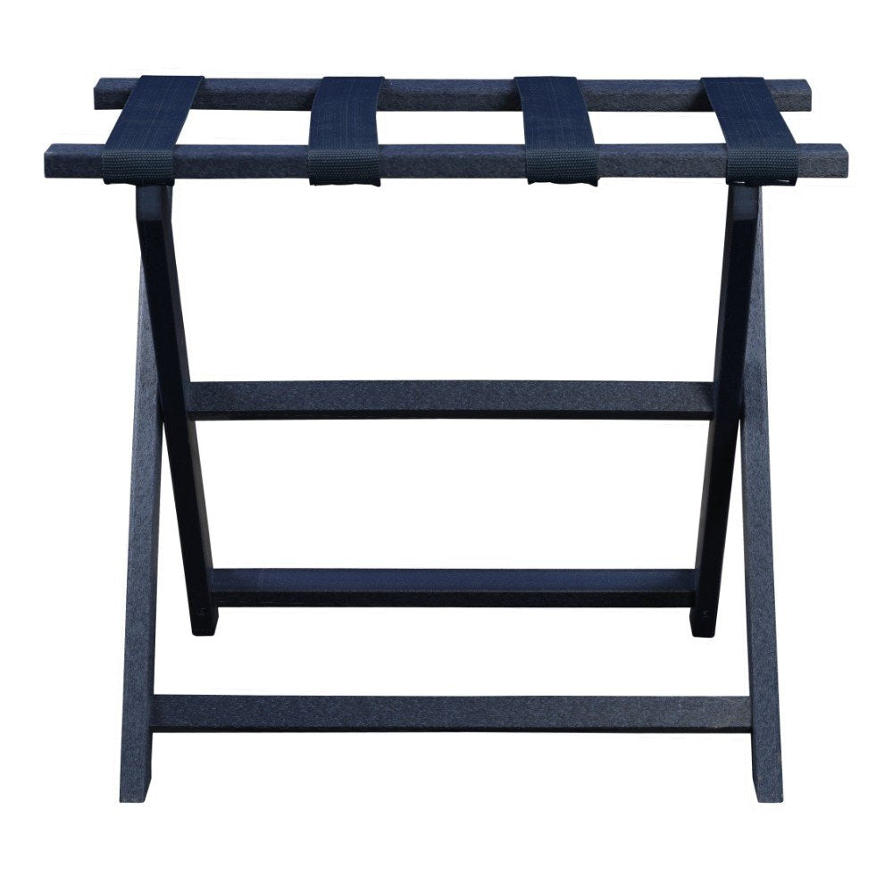 Earth Friendly Navy Blue Folding Luggage Rack With Navy Straps on a white background