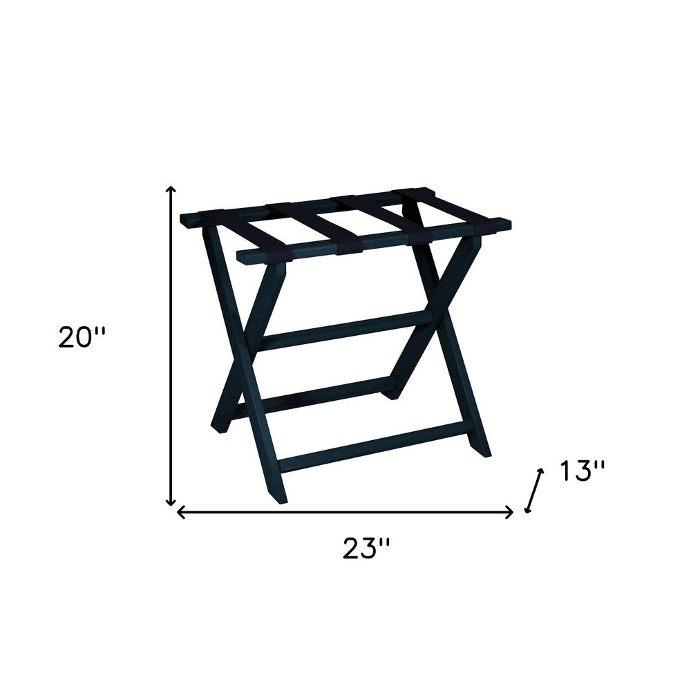 Earth Friendly Navy Blue Folding Luggage Rack With Navy Straps on a white background