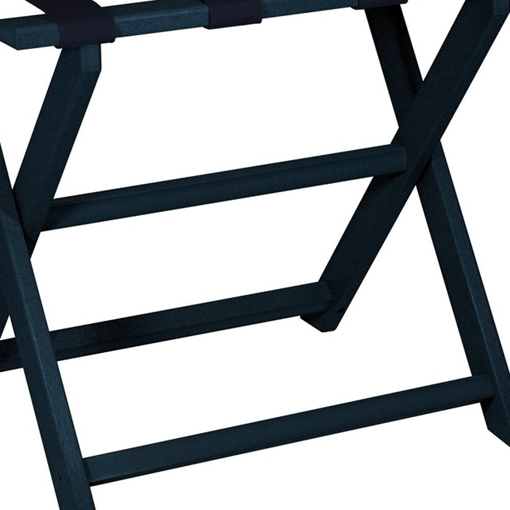 Earth Friendly Navy Blue Folding Luggage Rack With Navy Straps on a white background