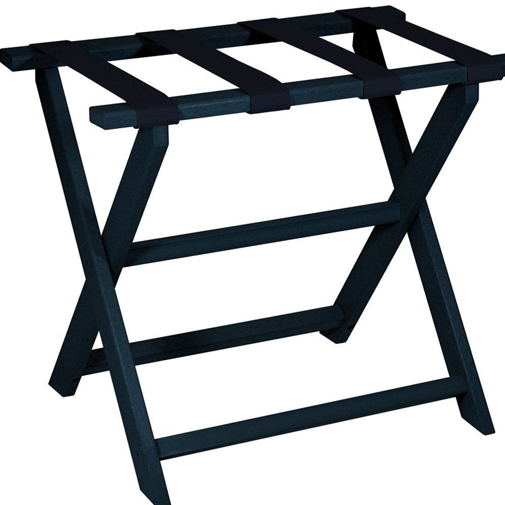 Earth Friendly Navy Blue Folding Luggage Rack With Navy Straps on a white background