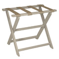 Earth Friendly Taupe Folding Luggage Rack With Dark Tan Straps on a white background