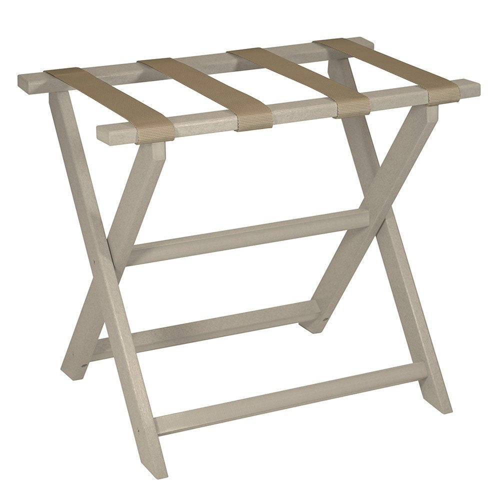 Folding luggage rack in taupe with dark tan straps on a white background.
