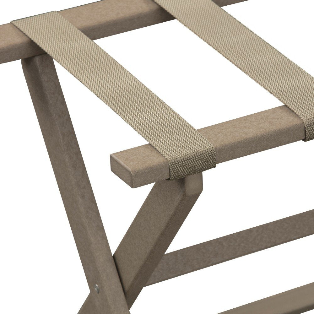 Earth Friendly Taupe Folding Luggage Rack With Dark Tan Straps on a white background