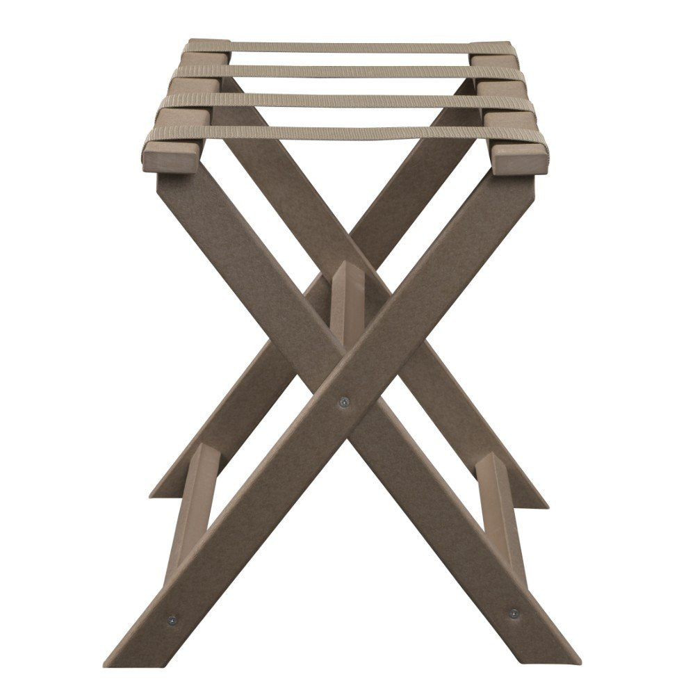 Earth Friendly Taupe Folding Luggage Rack With Dark Tan Straps on a white background