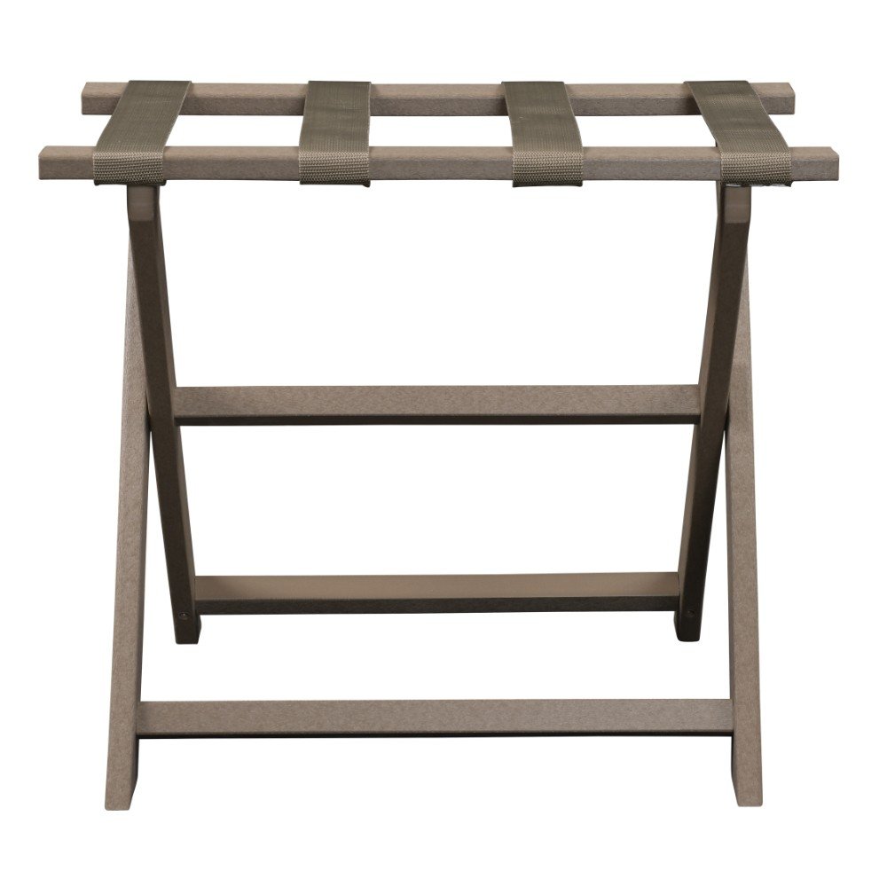 Earth Friendly Taupe Folding Luggage Rack With Dark Tan Straps on a white background