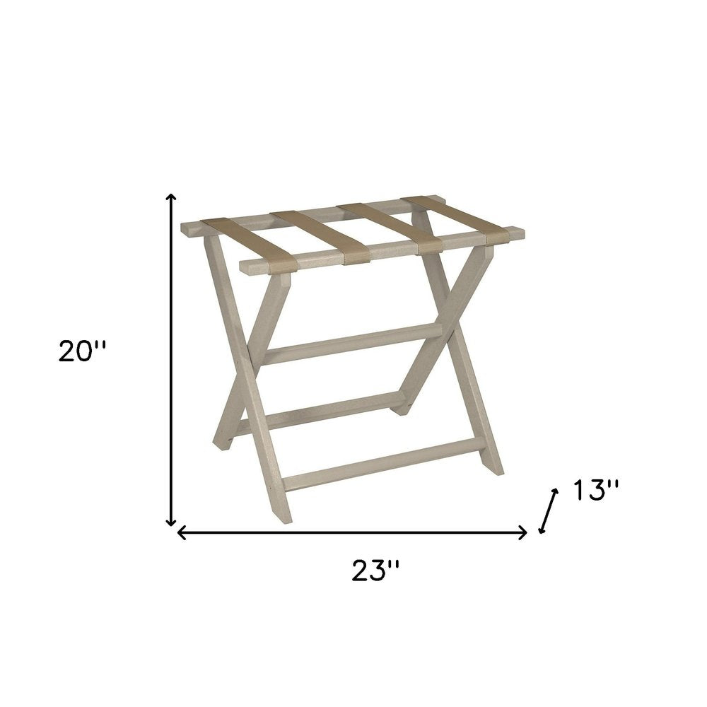 Earth Friendly Taupe Folding Luggage Rack With Dark Tan Straps on a white background