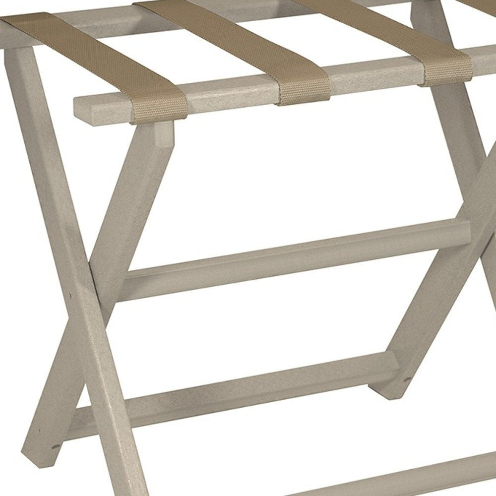 Earth Friendly Taupe Folding Luggage Rack With Dark Tan Straps on a white background