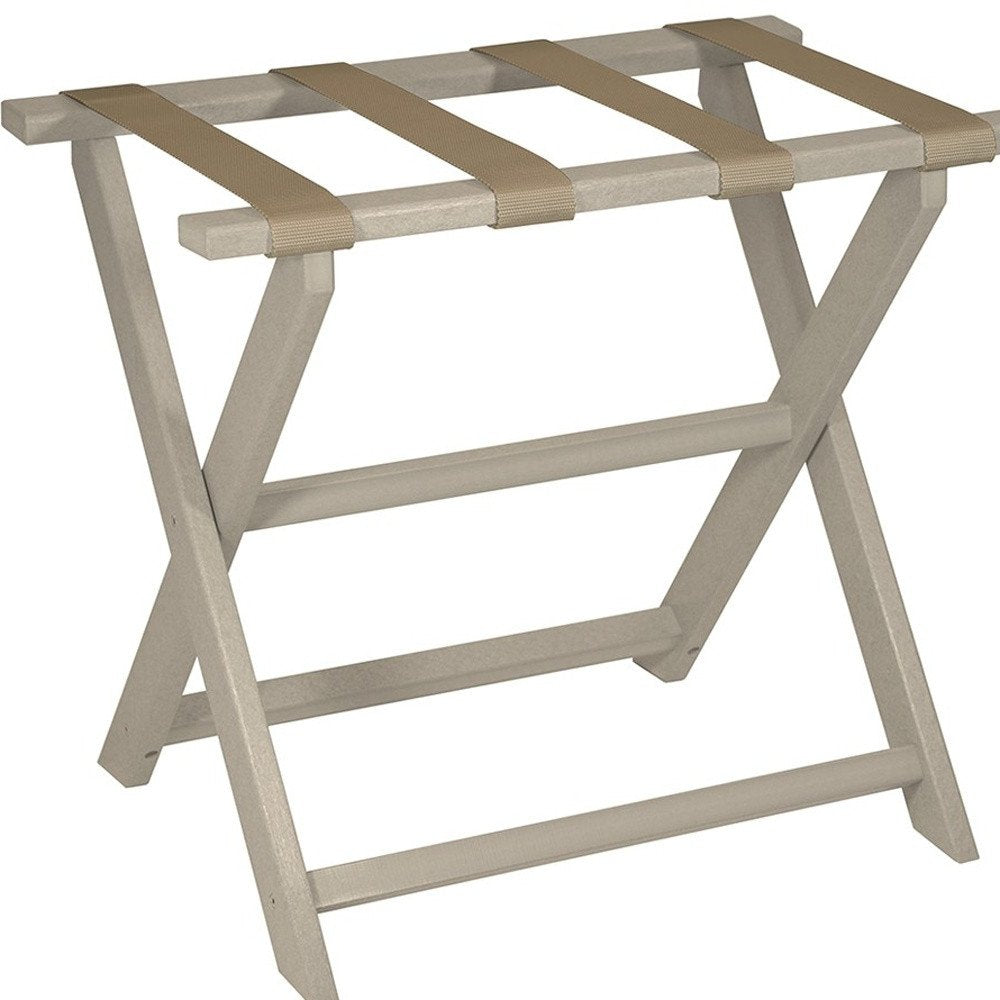 Earth Friendly Taupe Folding Luggage Rack With Dark Tan Straps on a white background