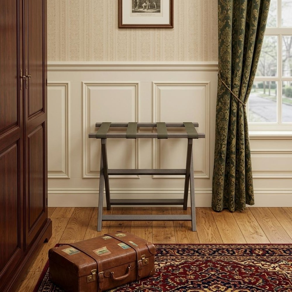 Earth Friendly Taupe Folding Luggage Rack With Dark Tan Straps in a home interior