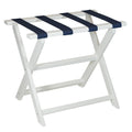 Earth Friendly White Folding Luggage Rack With Navy Straps on a white background