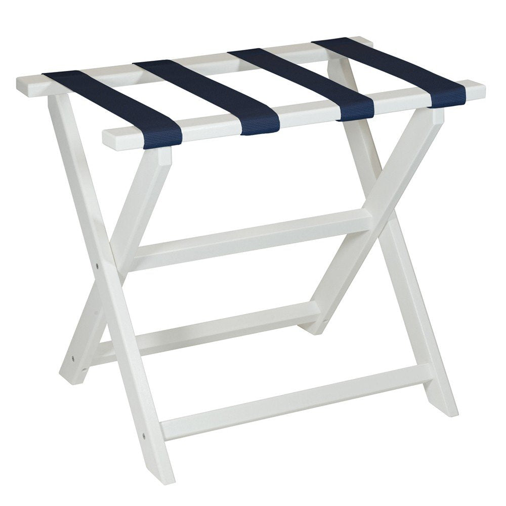 White folding luggage rack with navy blue straps on a white background.