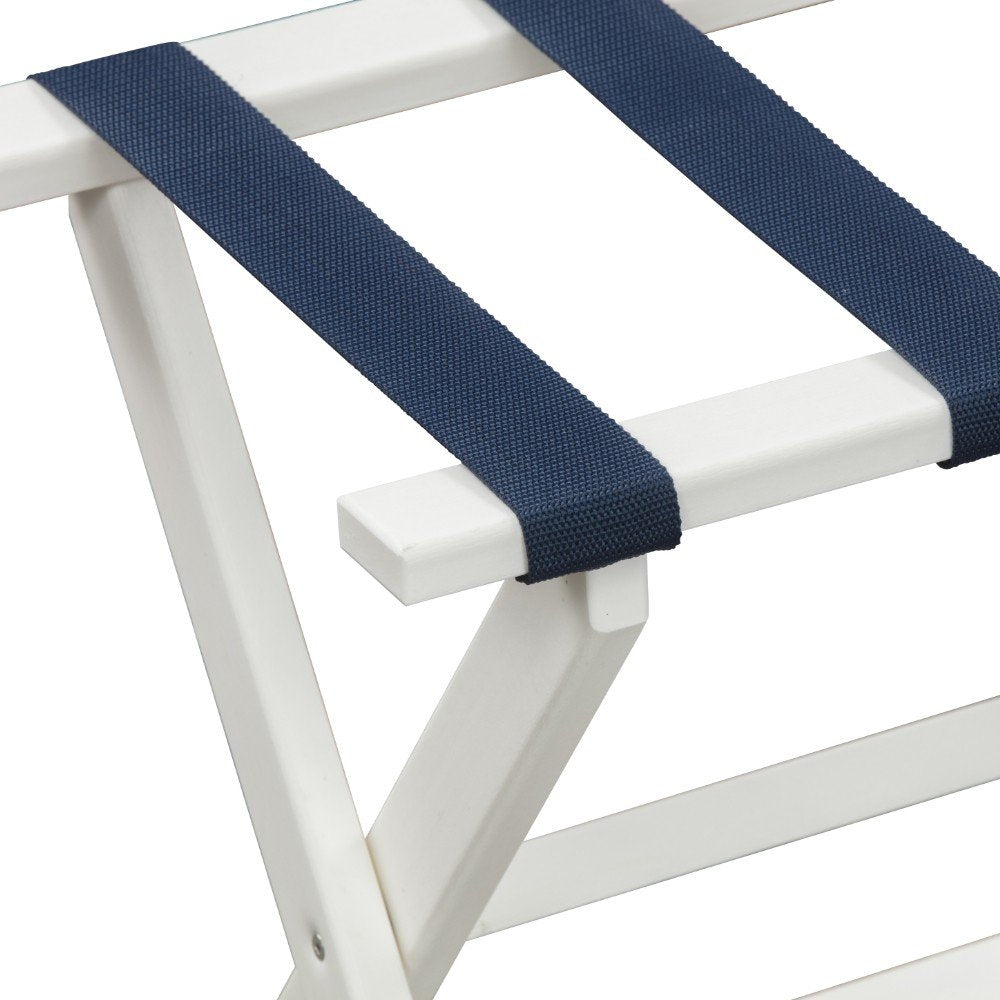 Earth Friendly White Folding Luggage Rack With Navy Straps on a white background