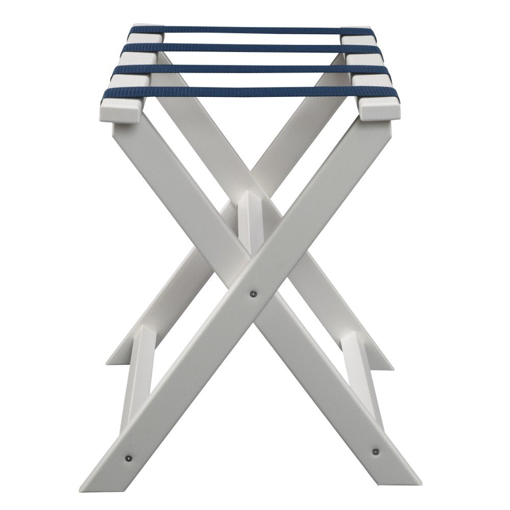 Earth Friendly White Folding Luggage Rack With Navy Straps on a white background