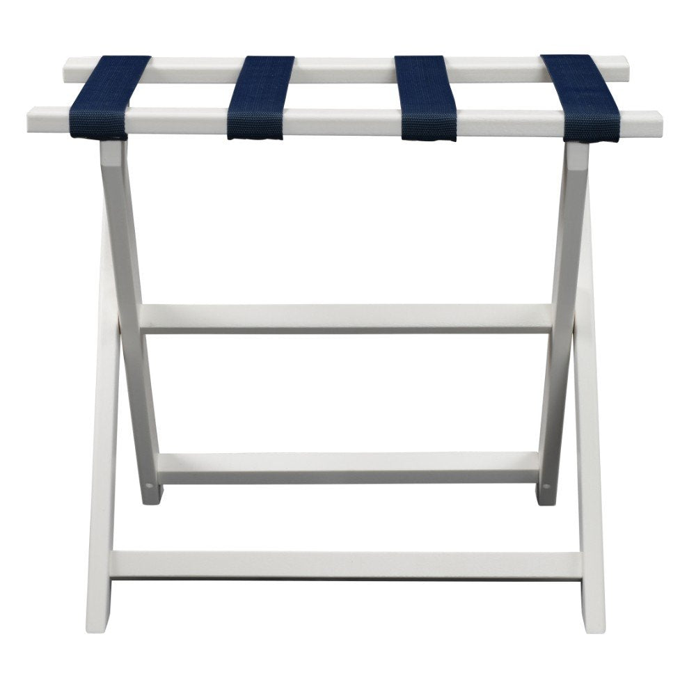 Earth Friendly White Folding Luggage Rack With Navy Straps on a white background